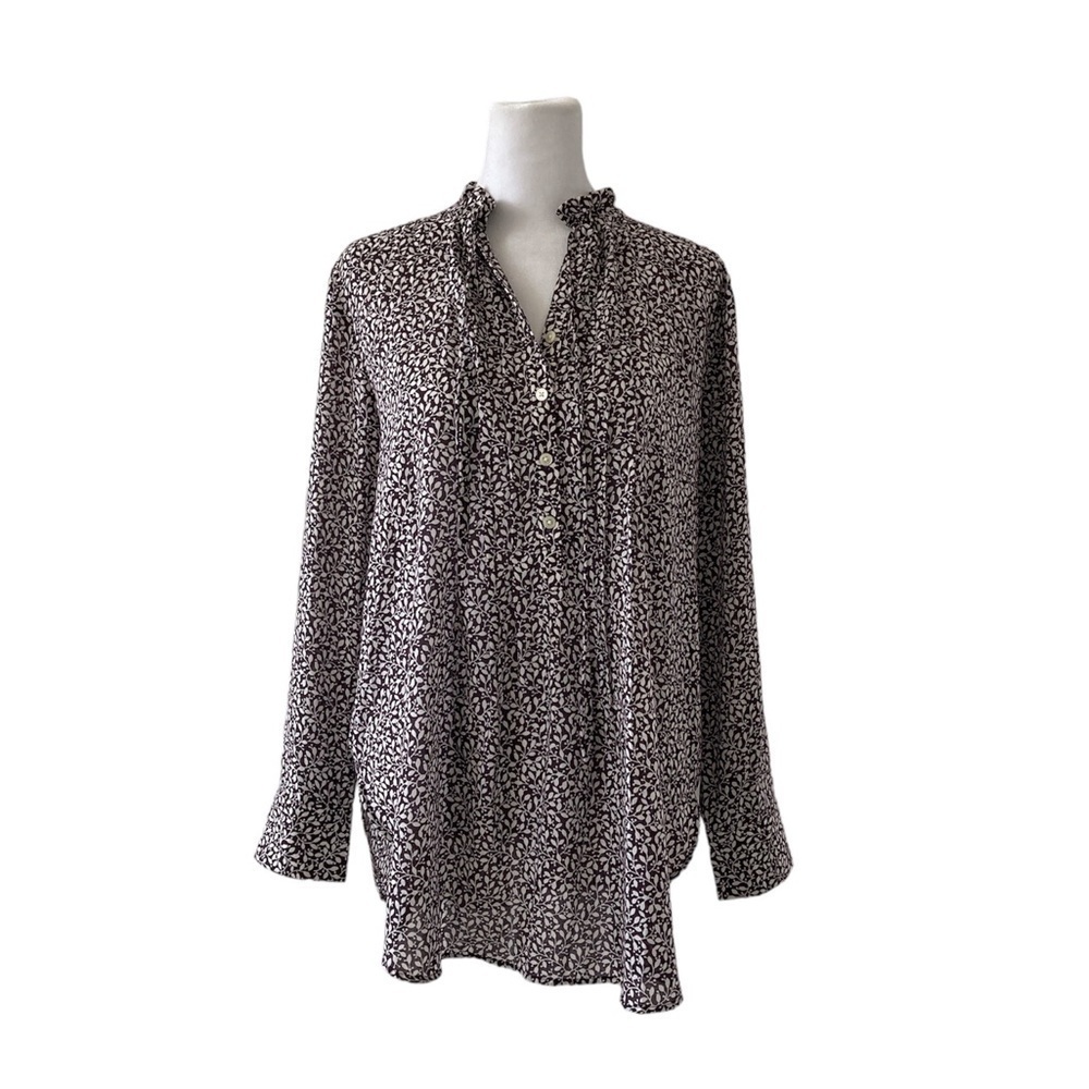 LOFT medium petite blouse long sleeves floral lightweight brown white